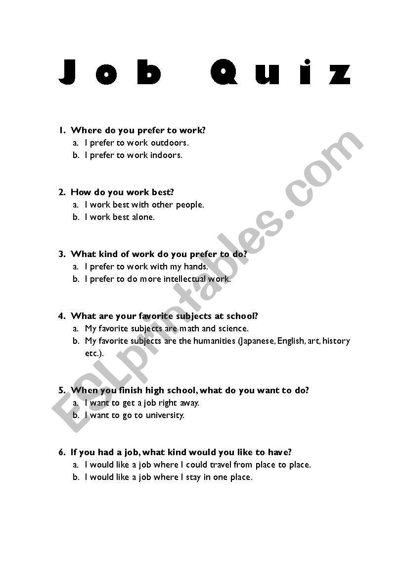 job quiz worksheet