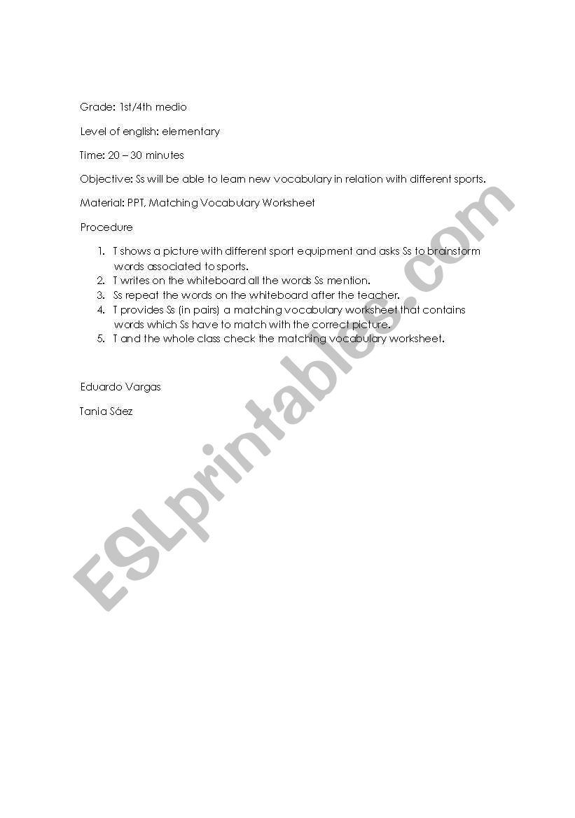 Lesson plan for vocabulary worksheet