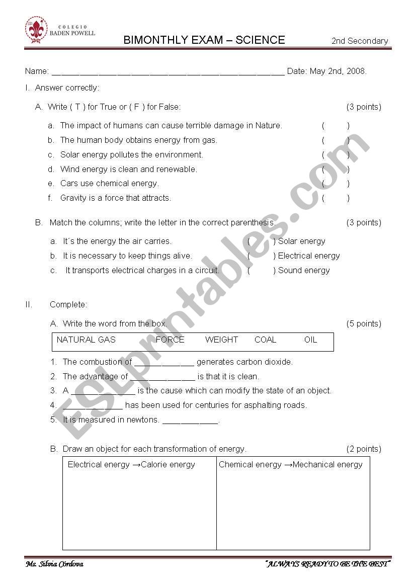 EVALUATION - SOURCES OF ENERGY