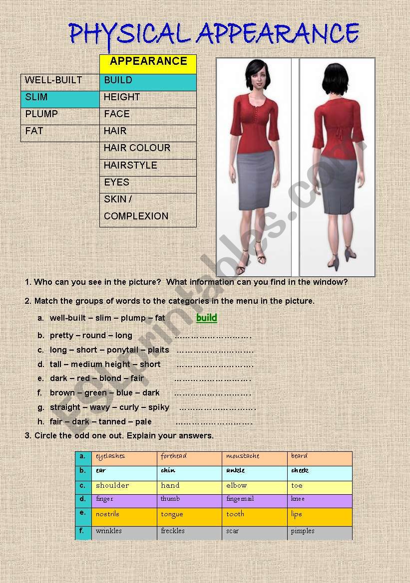 APPEARANCE worksheet