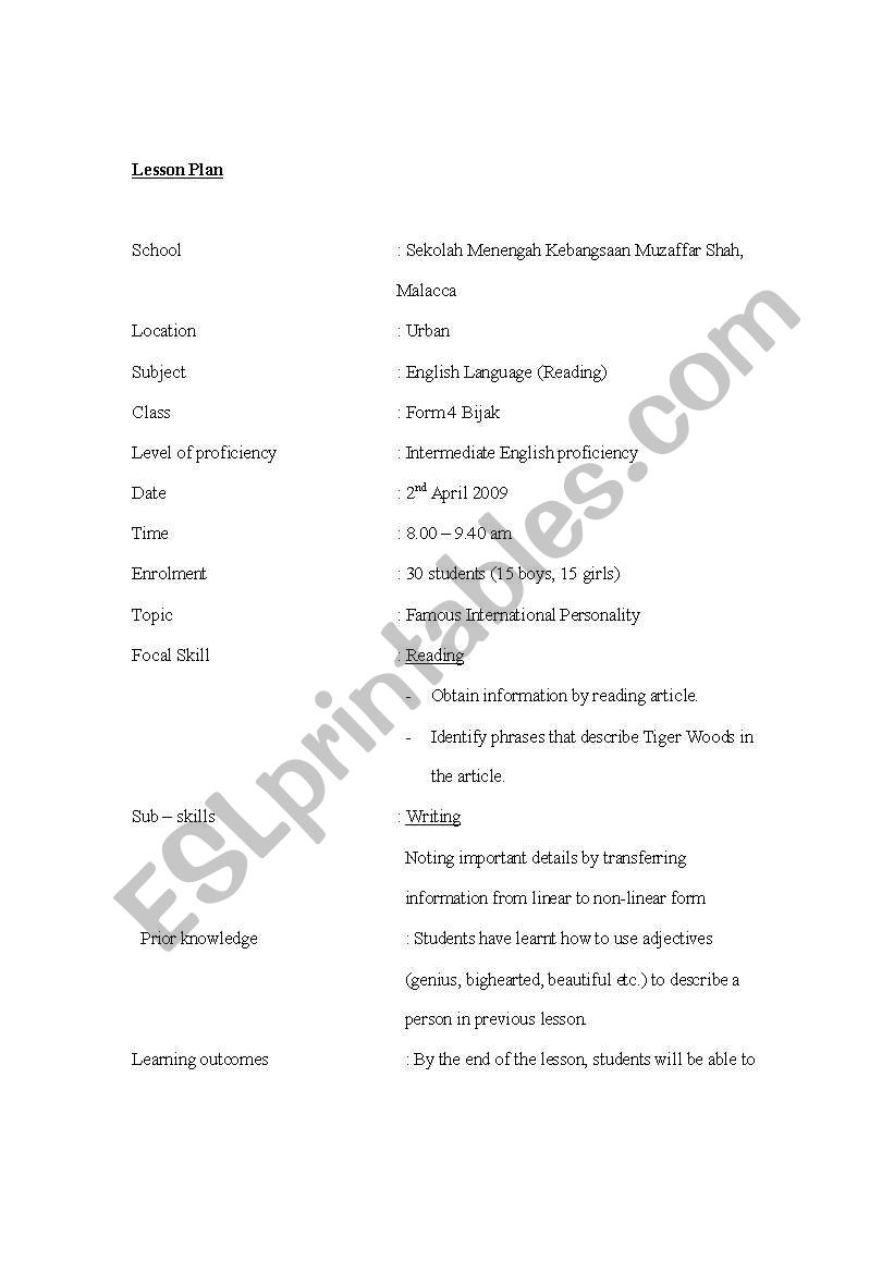 Sample reading lesson plan worksheet