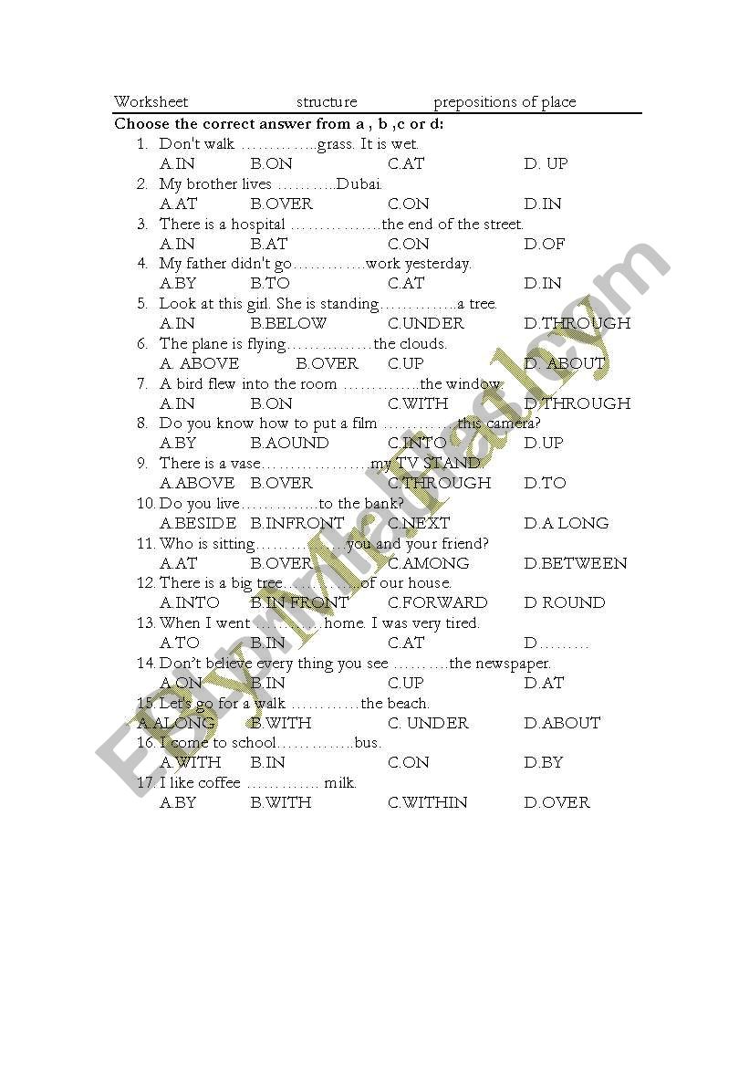 prepositions of place worksheet