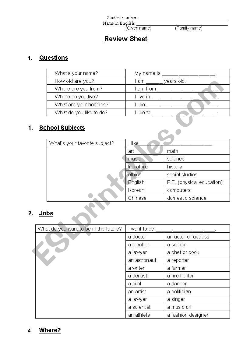 Review Sheet: Questions, School Subjects, Jobs, What, and Where