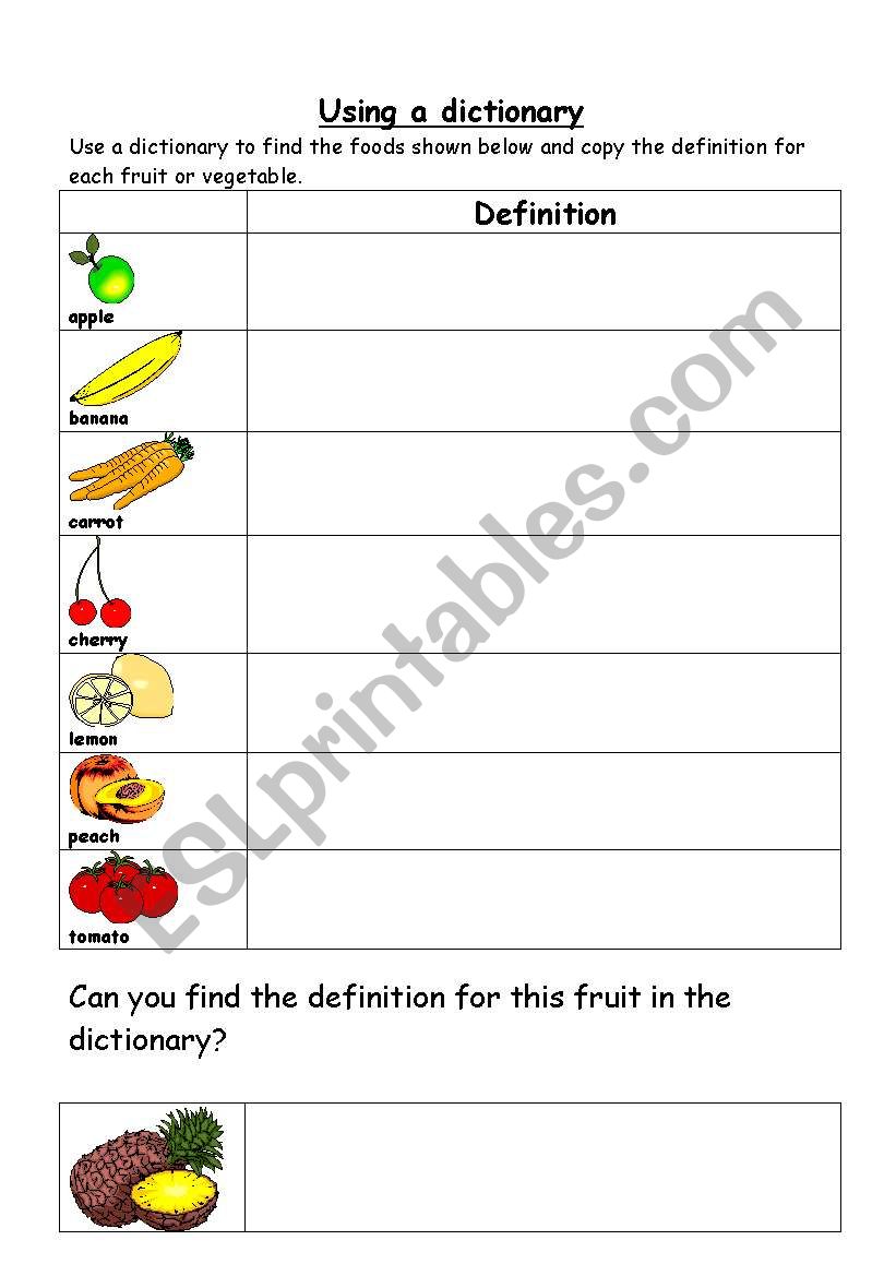 dictionary defination worksheet