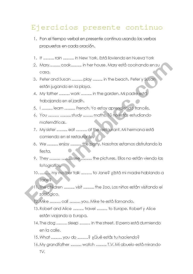 Present continuous exercises worksheet