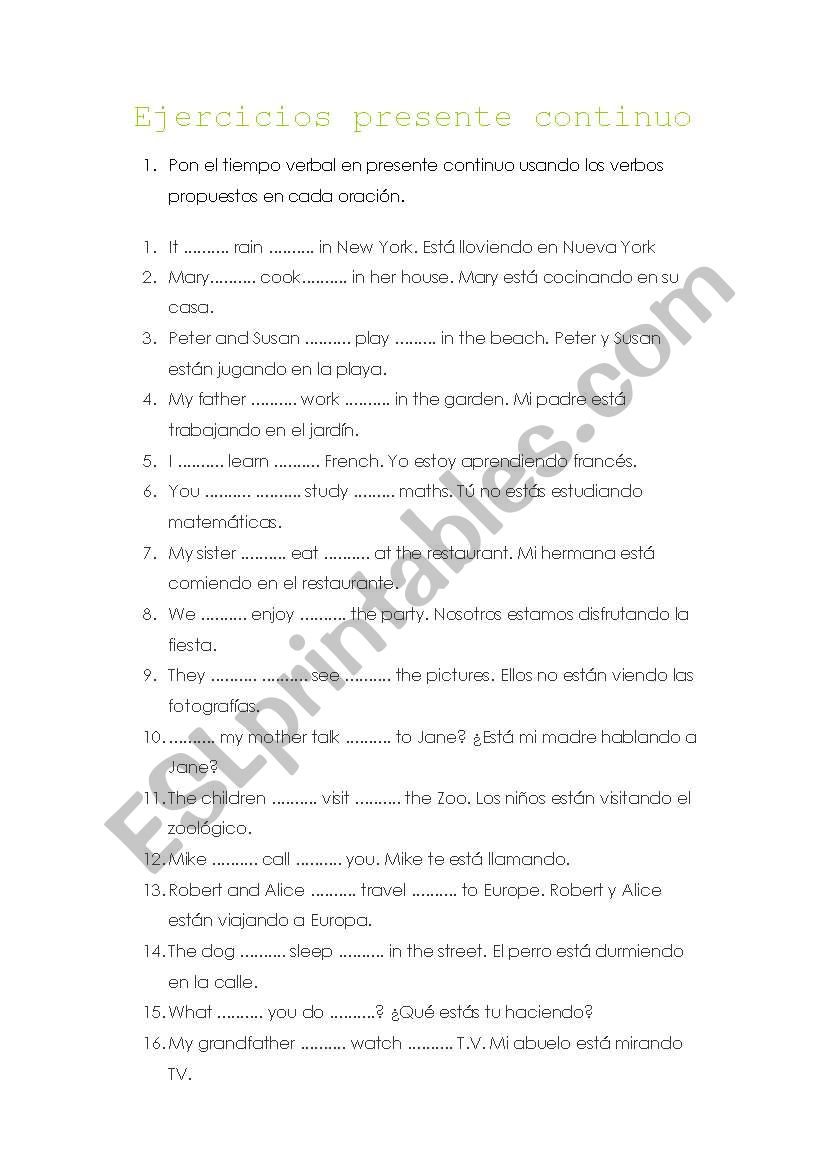 Present continuous exercises worksheet