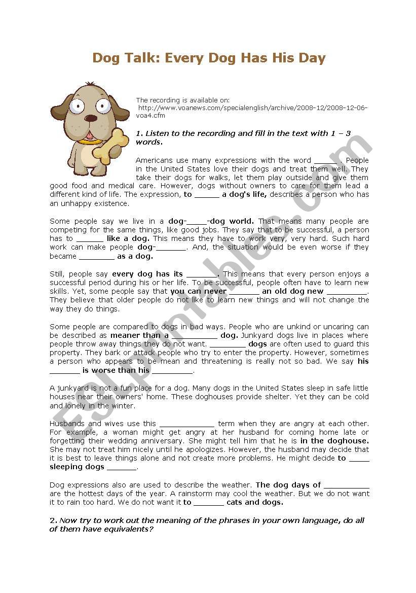 English Worksheets Listening Words And Their Stories Dog Talk