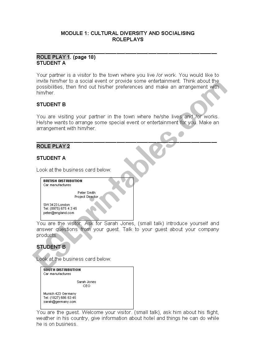 PAIRWORK/ROLEPLAYS worksheet