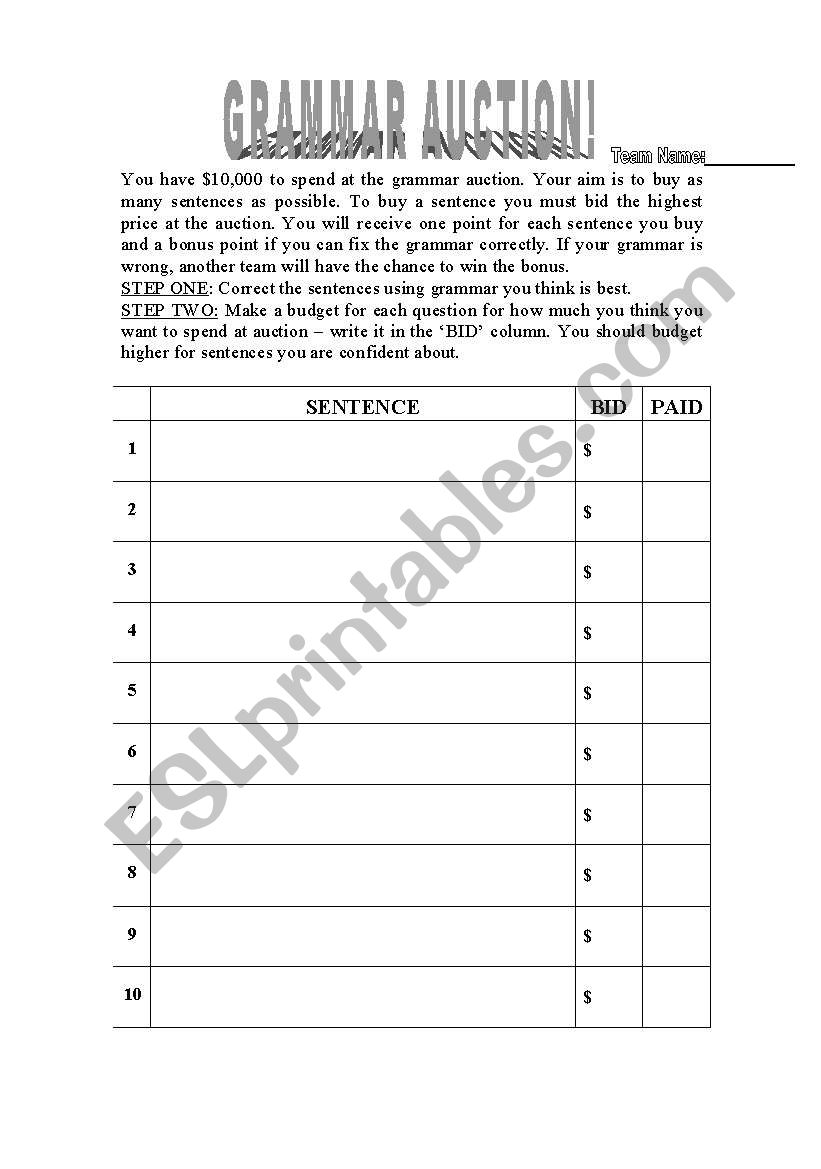 Grammar auction worksheet