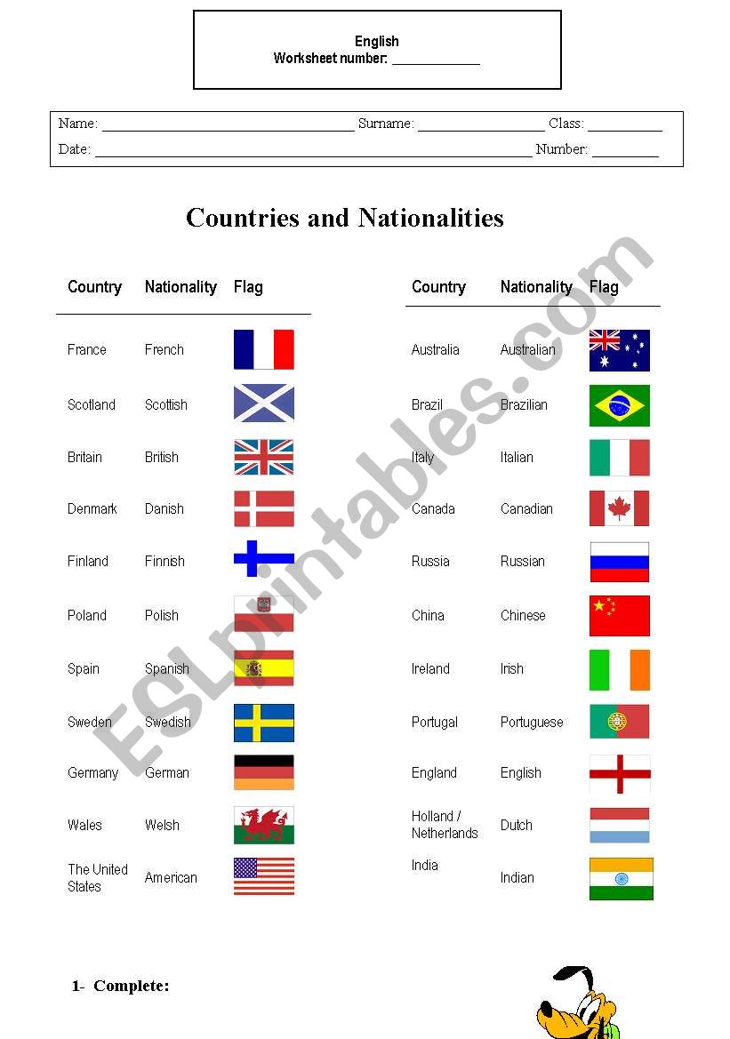 Countries and Nationalities worksheet