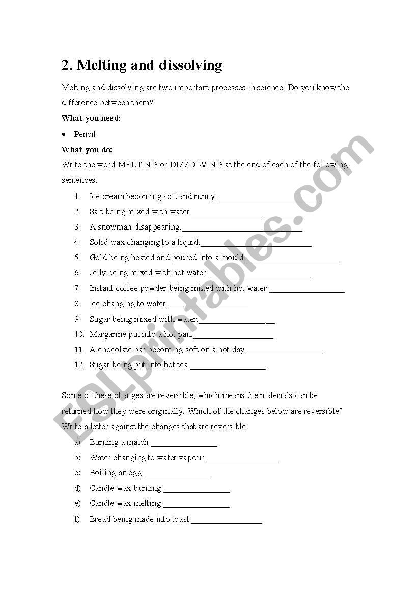 melting and dissolving worksheet