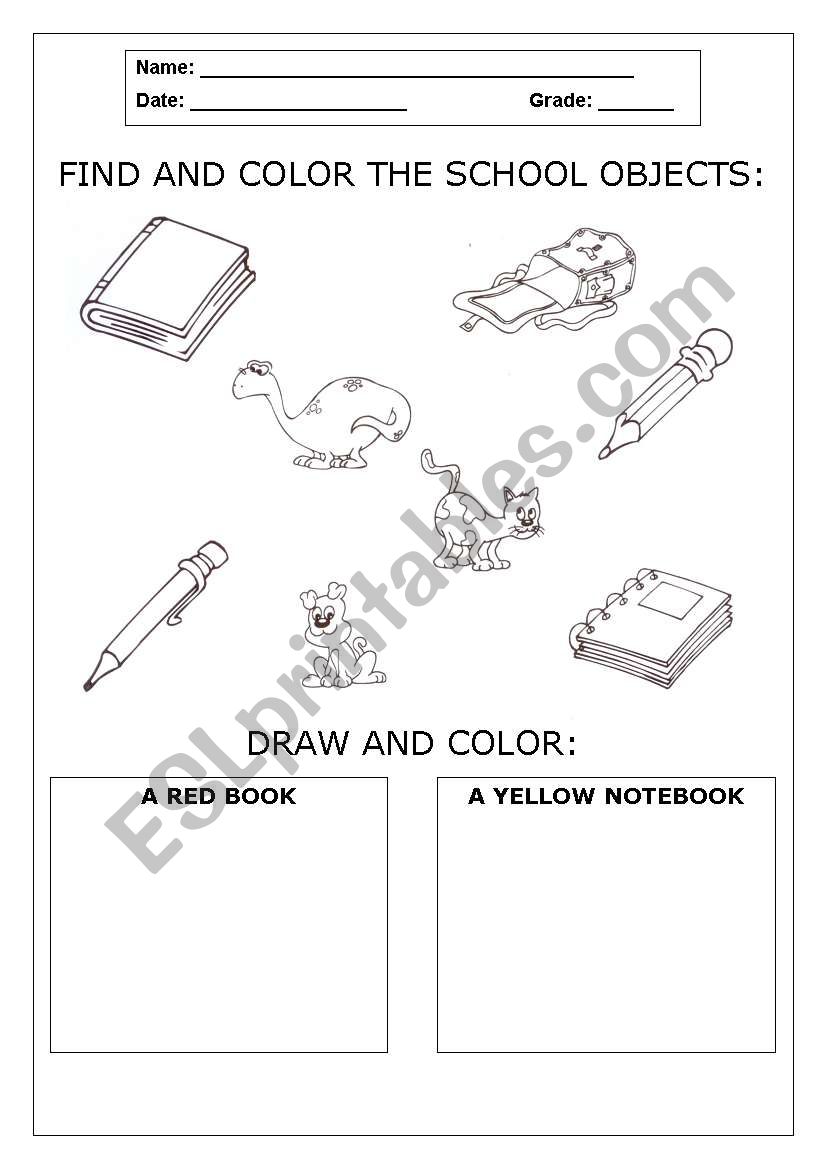 FIND AND COLOR THE SCHOOL OBJECTS