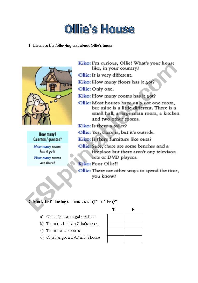 English worksheets Reading comprehension Ollie´s House