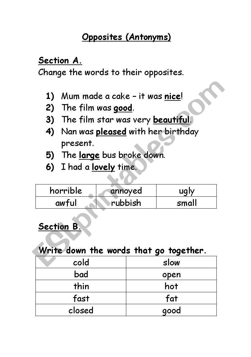 Antonyms worksheet