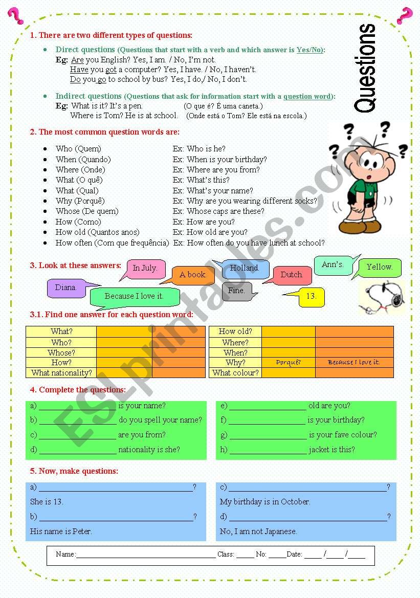 Different kinds of questions worksheet