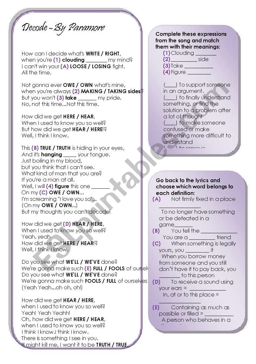 Paramore - Decode - Phrasal Verbs and Confusing Words