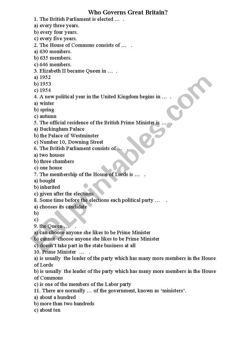 Who governs Great Britain? worksheet