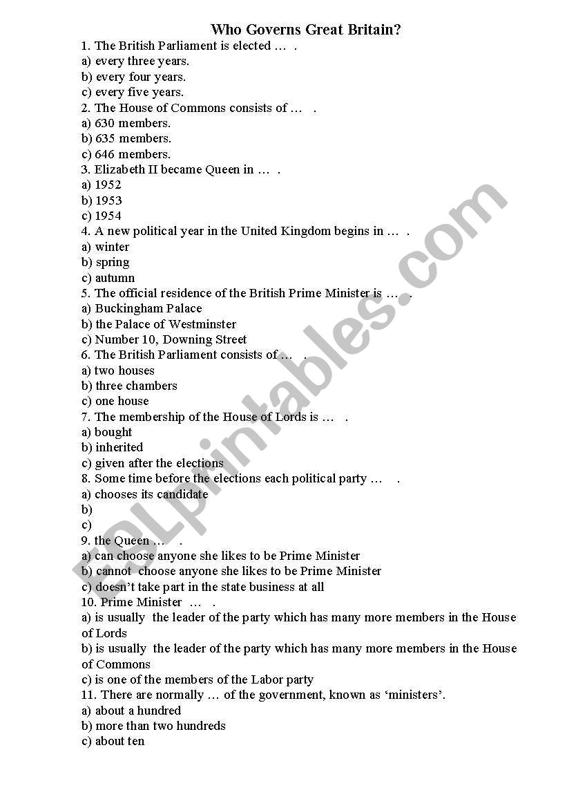 Who governs Great Britain? worksheet