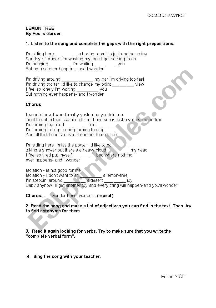 Lemon Tree Music activity worksheet