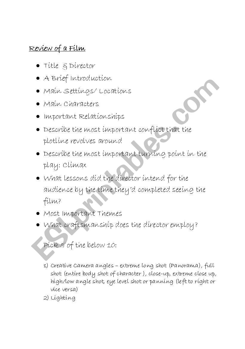 Review of a Film worksheet