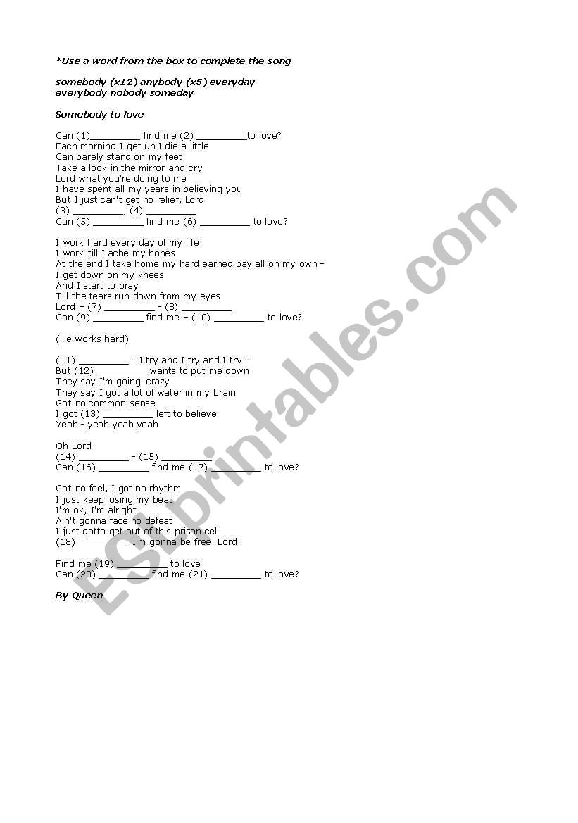 song somebody to love worksheet