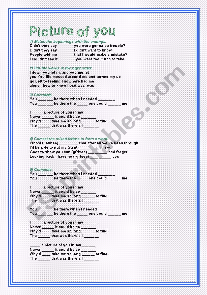 Picture of you worksheet