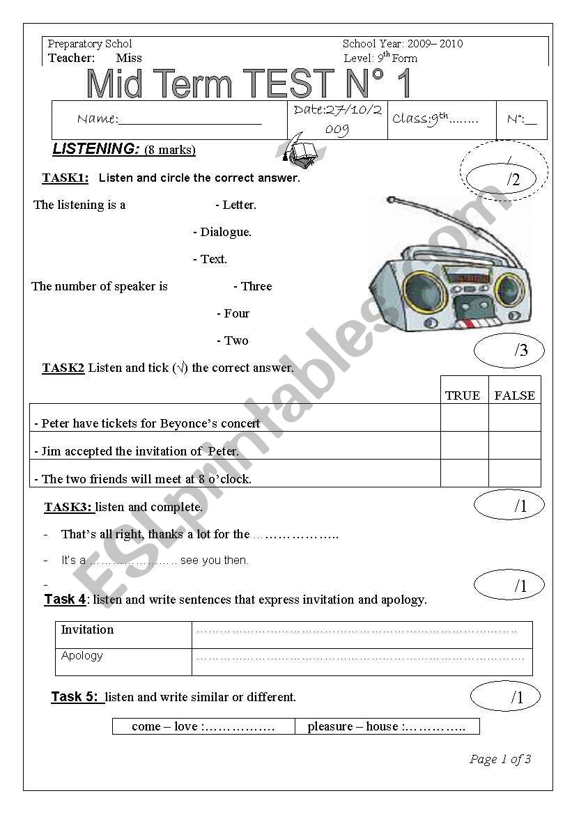 9th form mid term n1test for tunisian pupils