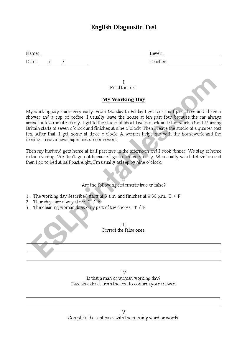Diagnostic test worksheet