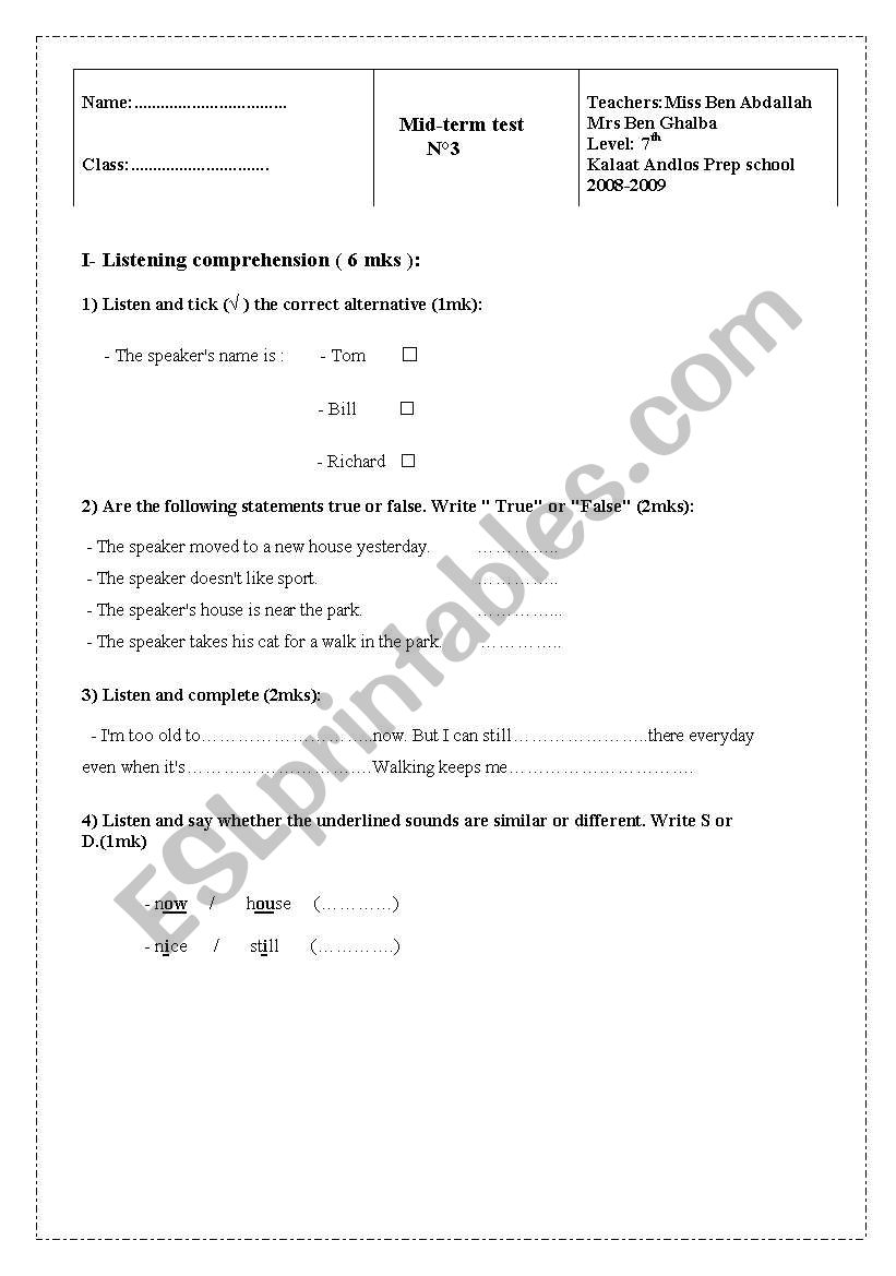 mid term test nÂ°3 7th worksheet