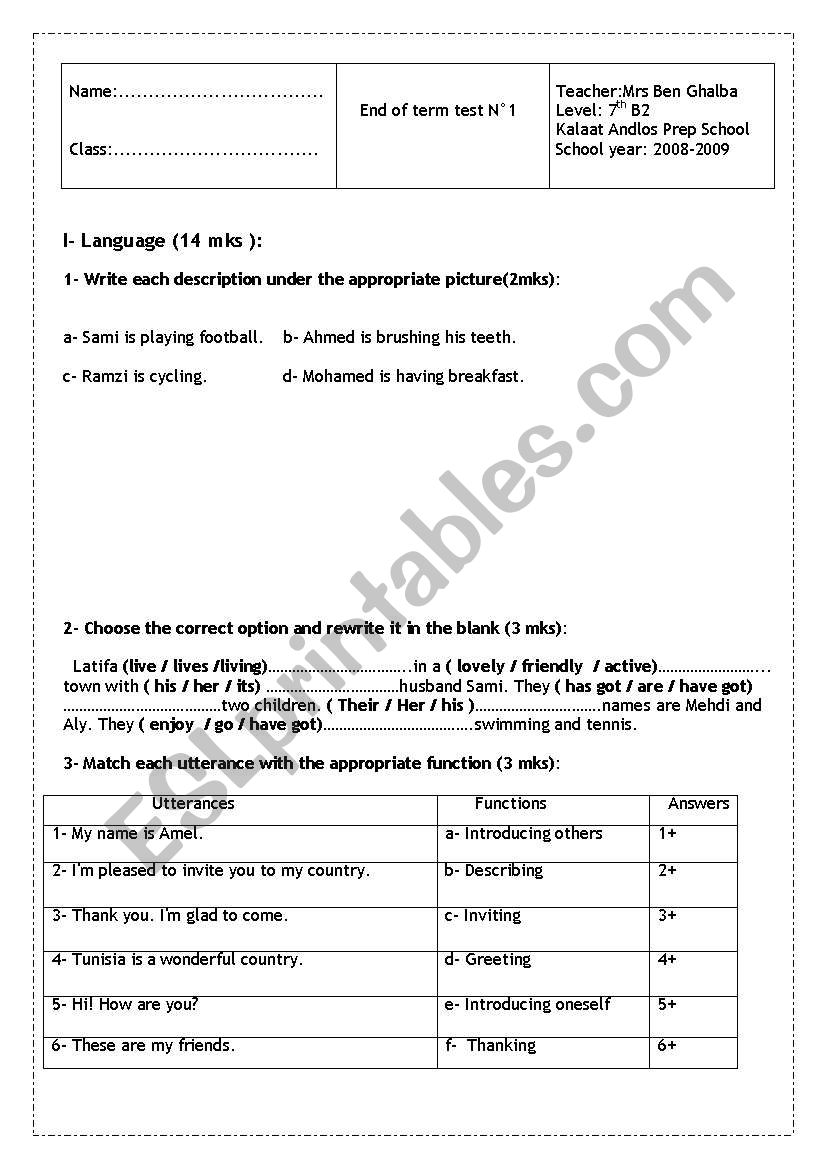 end of term test n1 7th worksheet