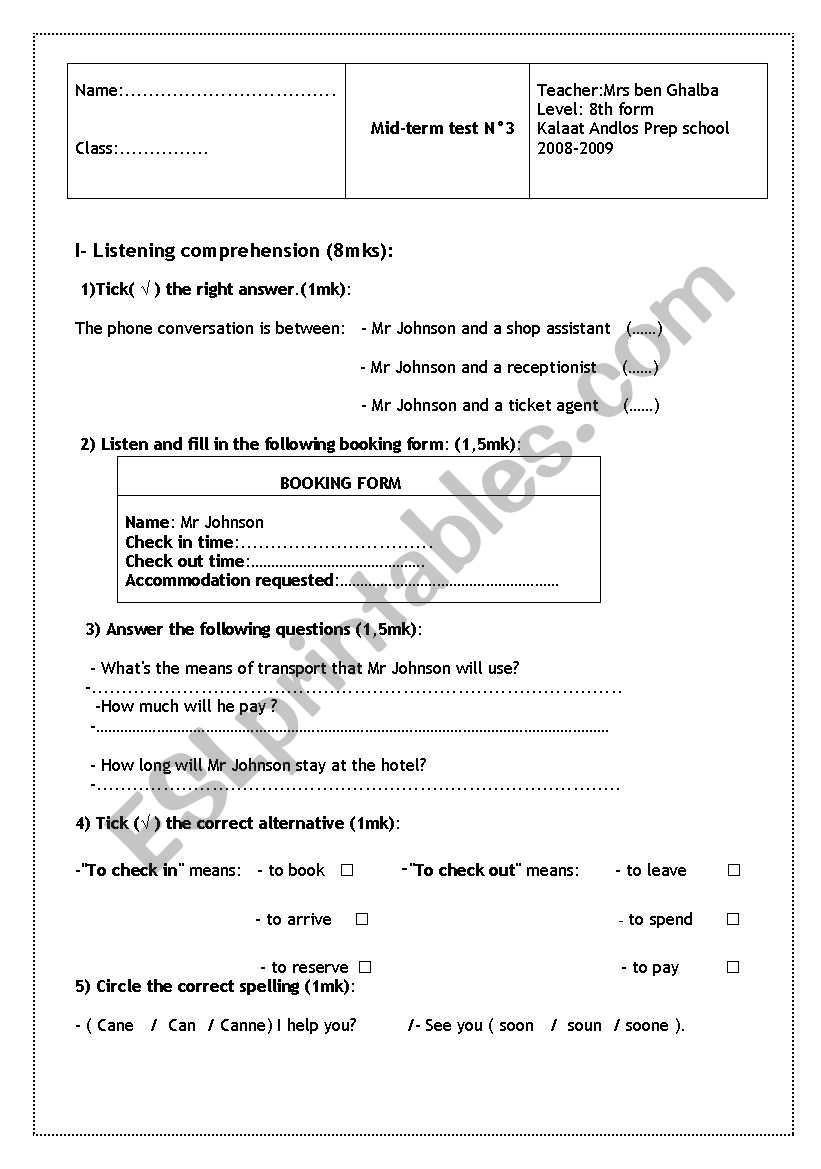 mid term test n3 8th worksheet