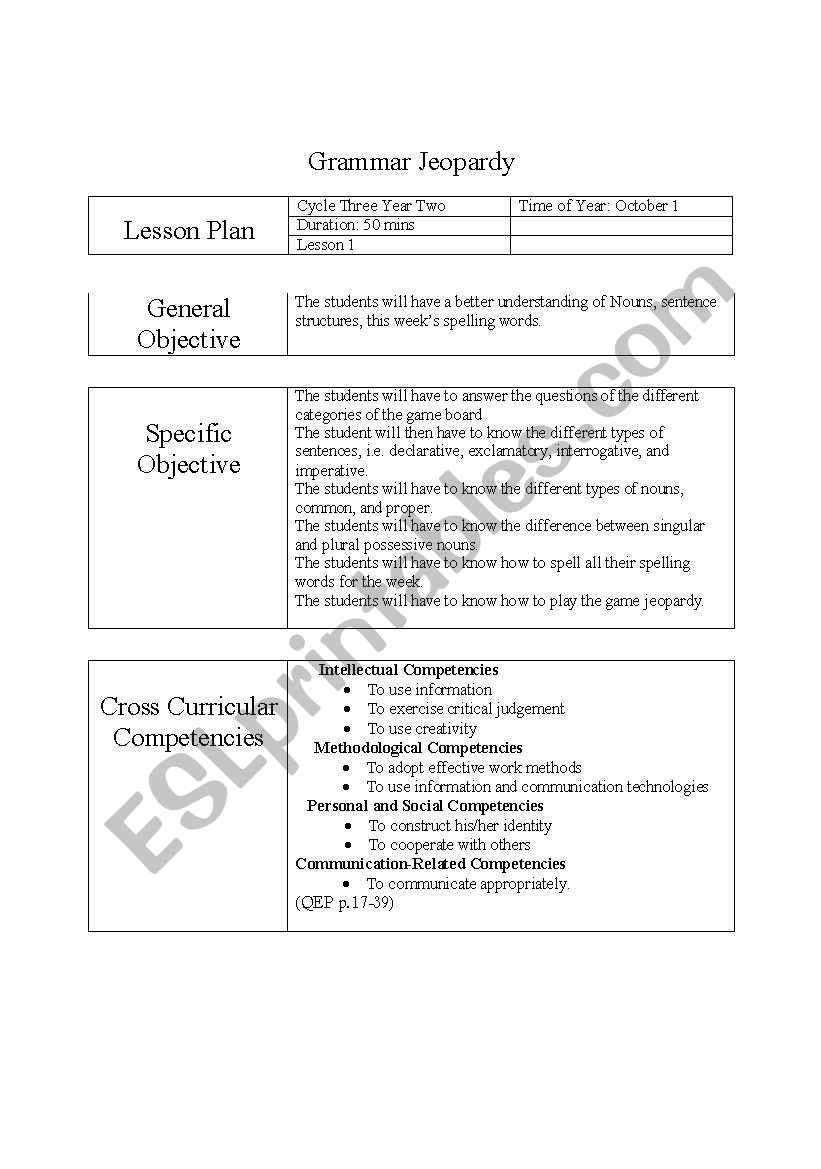 Jeopardy lesson Plan worksheet