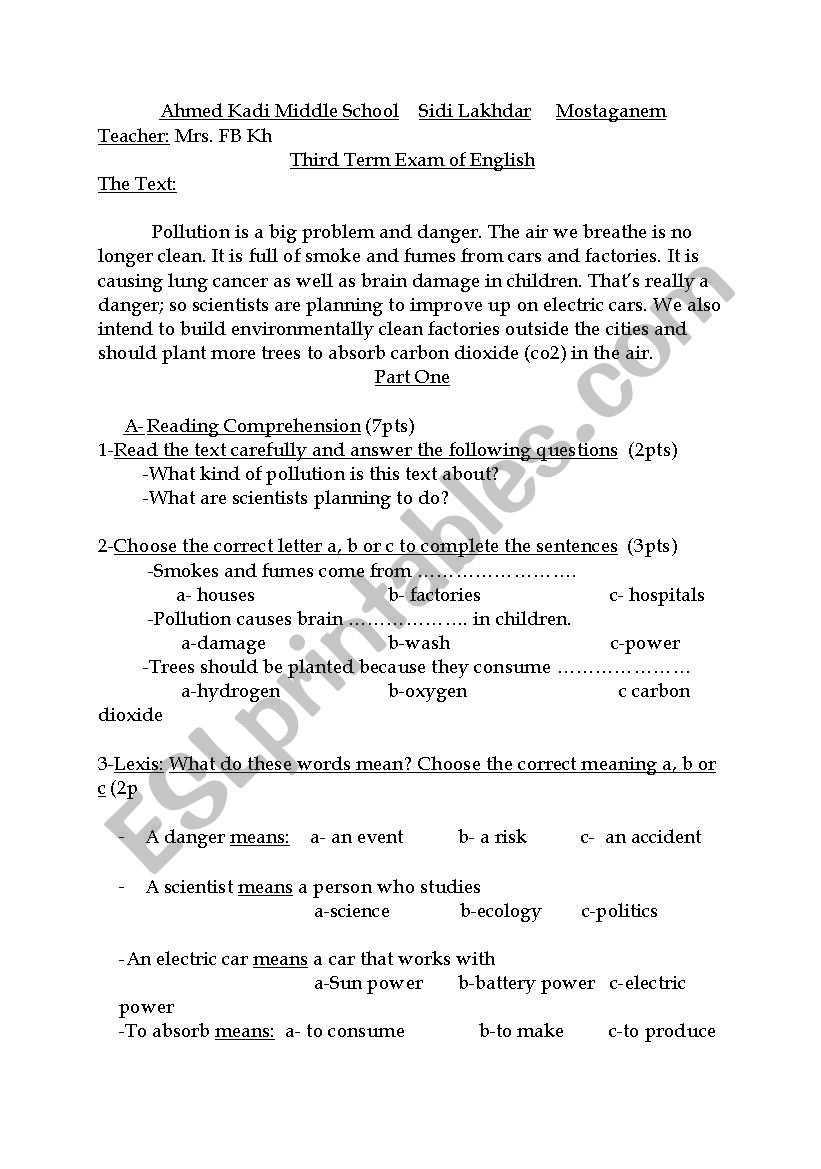 Dangers of Pollution worksheet