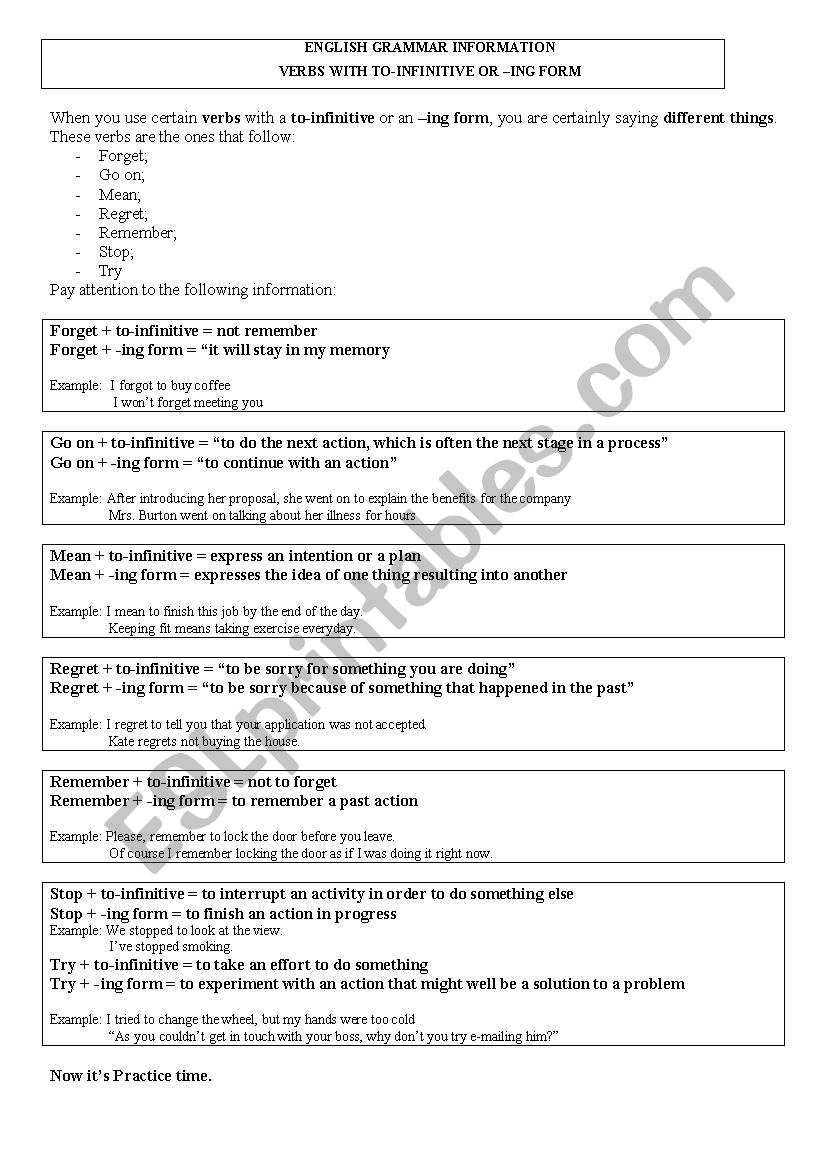 -ing/infinitive with certain verbs