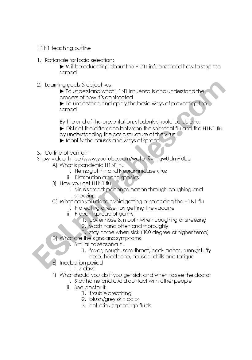 H1N1 teaching outline worksheet