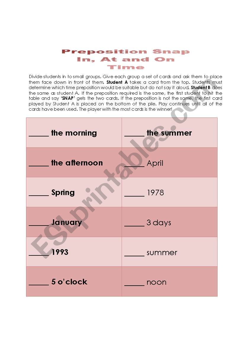 Time Prepositions - SNAP worksheet