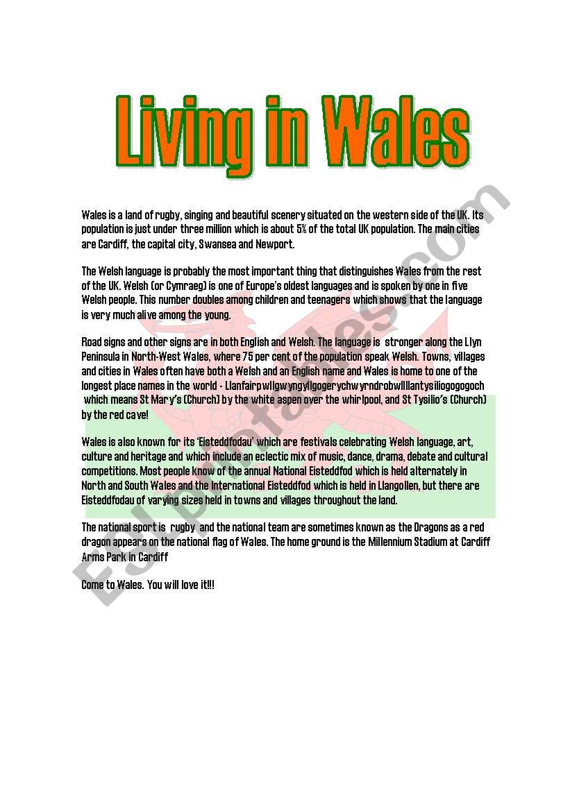 Linving in Wales (reading comprehension)