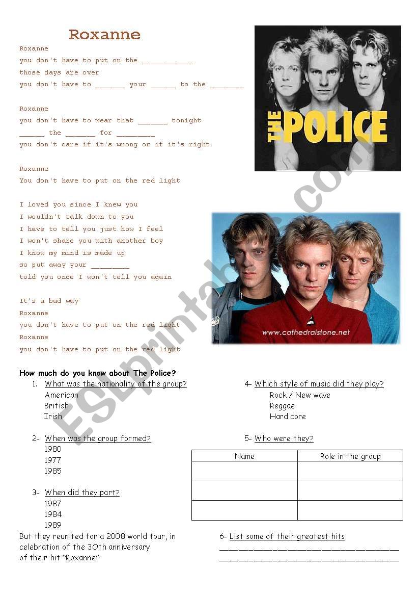 ROXANNE by The Police worksheet