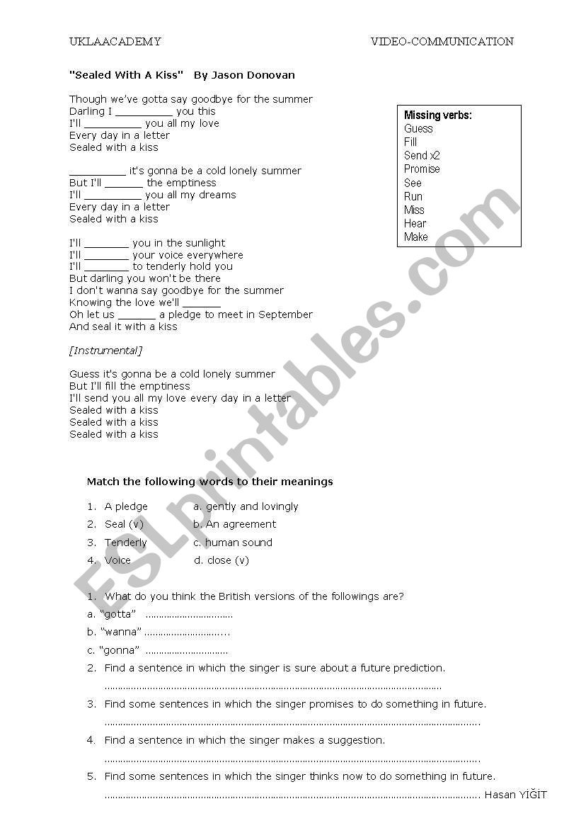Sealed with a kiss worksheet