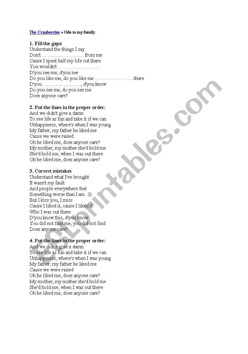 cranberries ode to my family worksheet