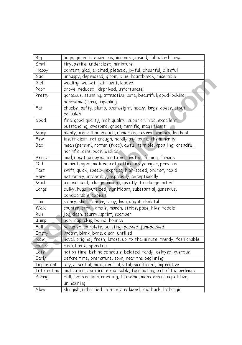 Synonyms worksheet