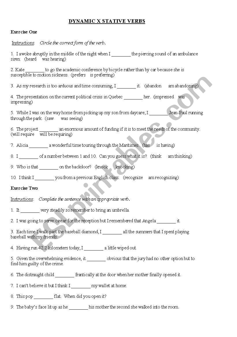 Dynamic x Stative Verbs worksheet