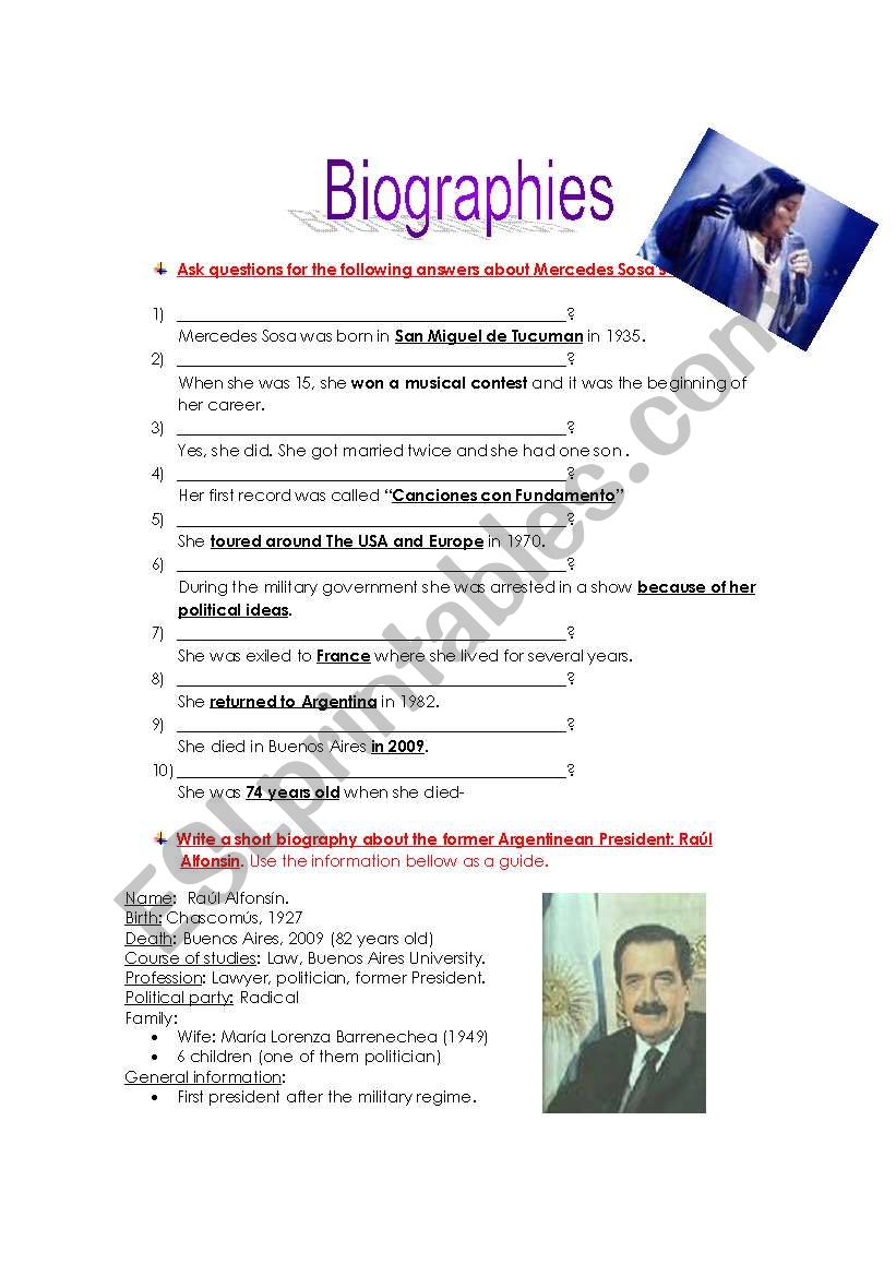 Biographies worksheet