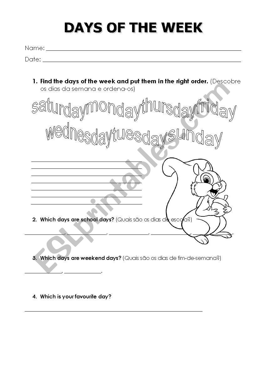 Days of the week worksheet