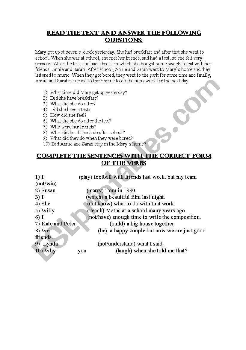 SIMPLE PAST EXERCISES worksheet