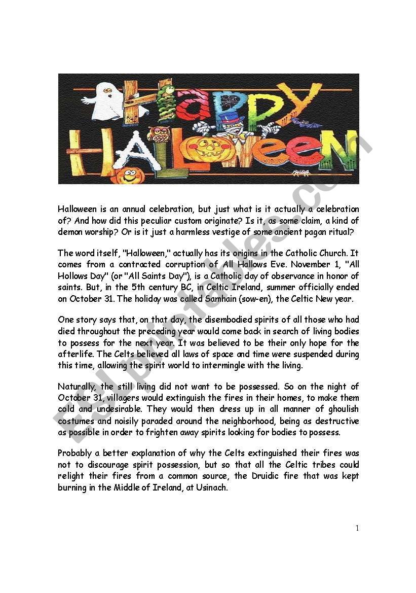 Halloween History and Customs worksheet