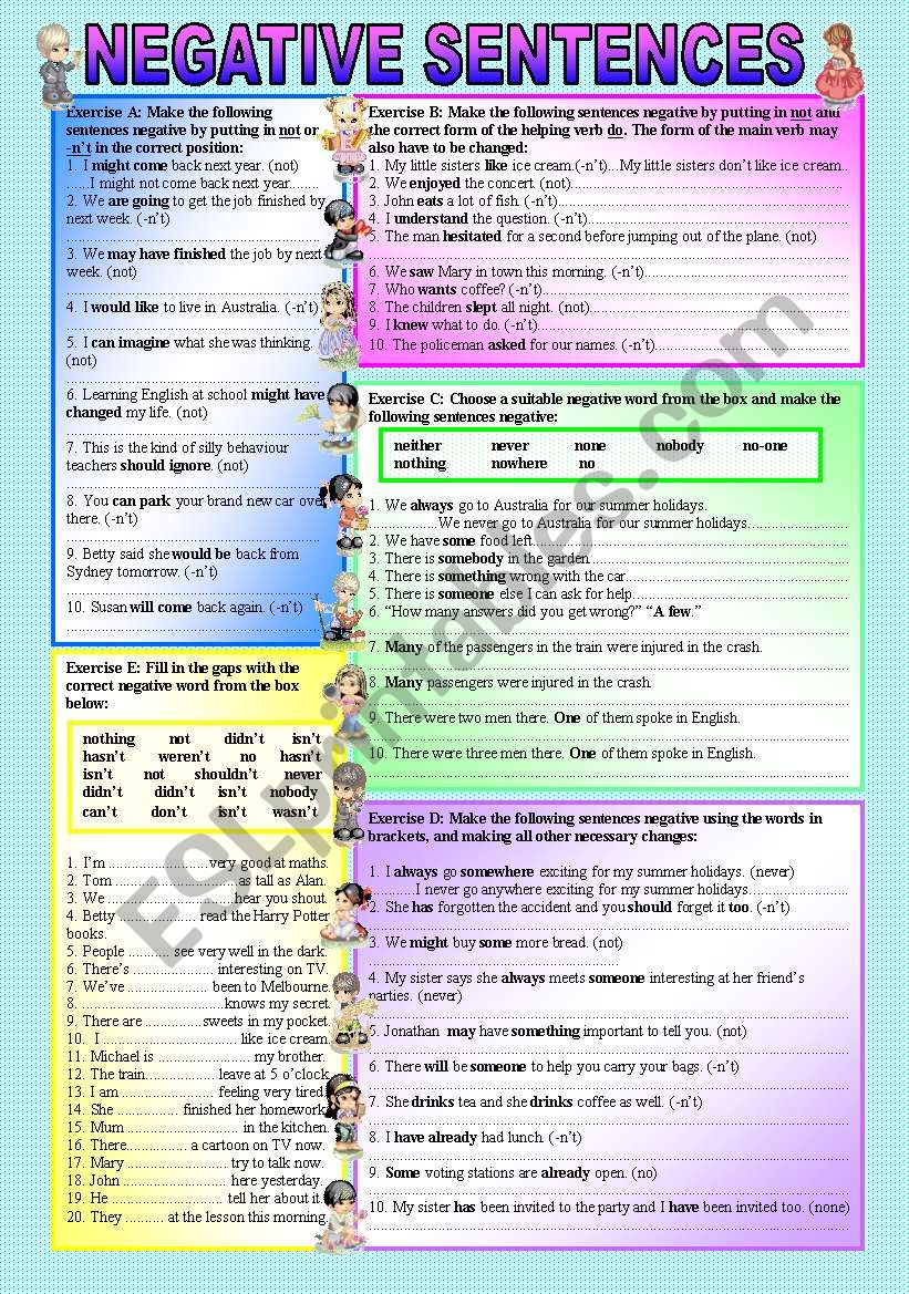 NEGATIVE SENTENCES - ((elementary/intermediate)) - Teach students when & how to form negative sentences - ((5 Exercises & 60 Sentences to complete)) - ((B&W VERSION INCLUDED))