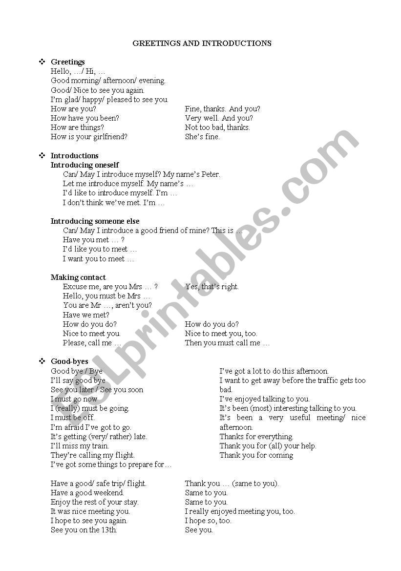 Greeting and Introduction worksheet