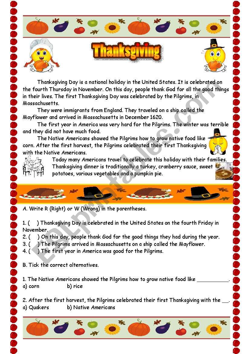 Thanksgiving origin - Reading and Comprehension