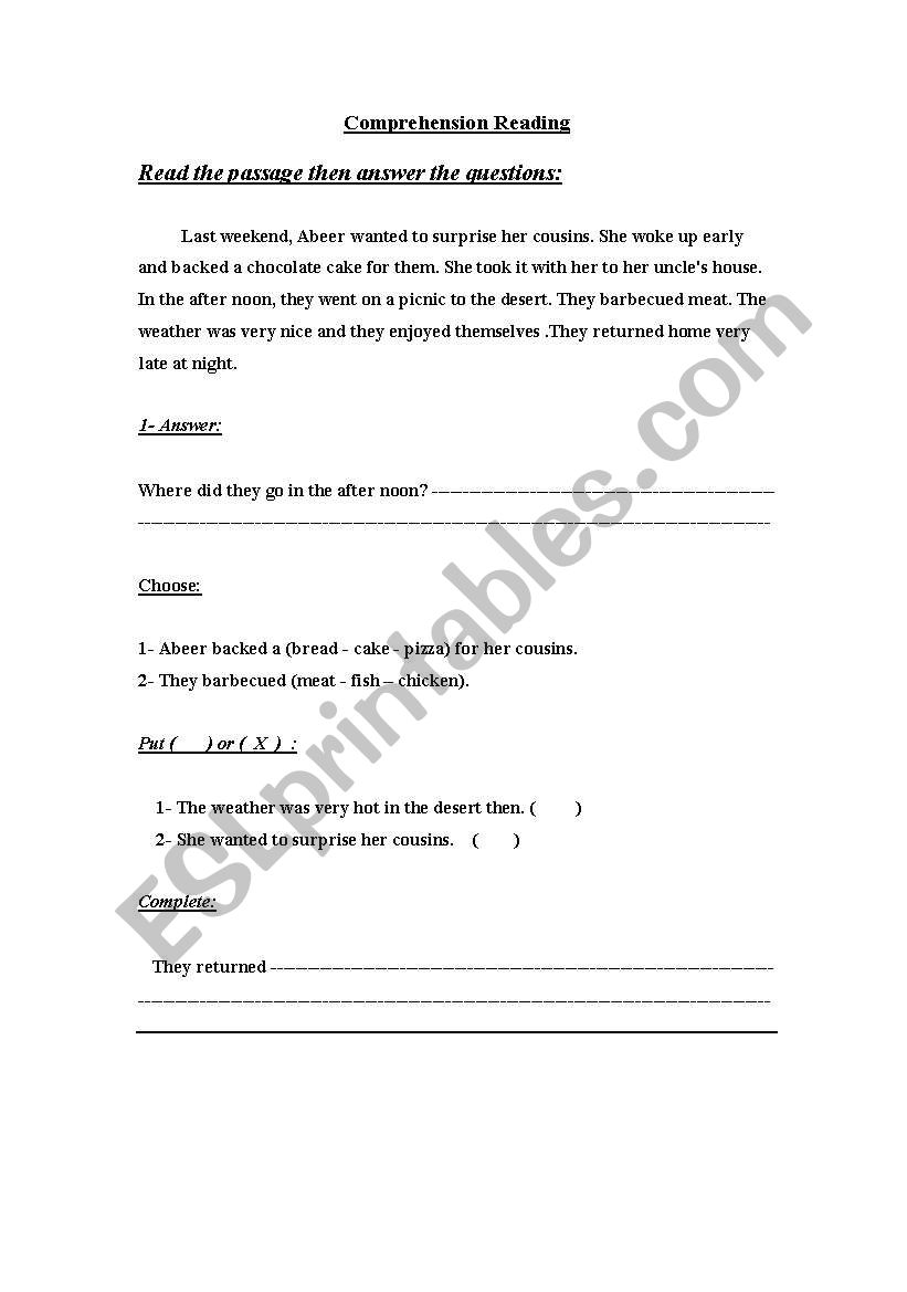 comprehension reading worksheet